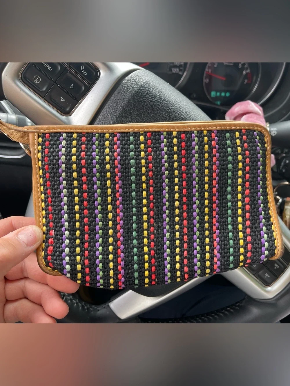 Fendi Black Woven Raffia Clutch with Tan Leather Trim and Multicolor Stitching